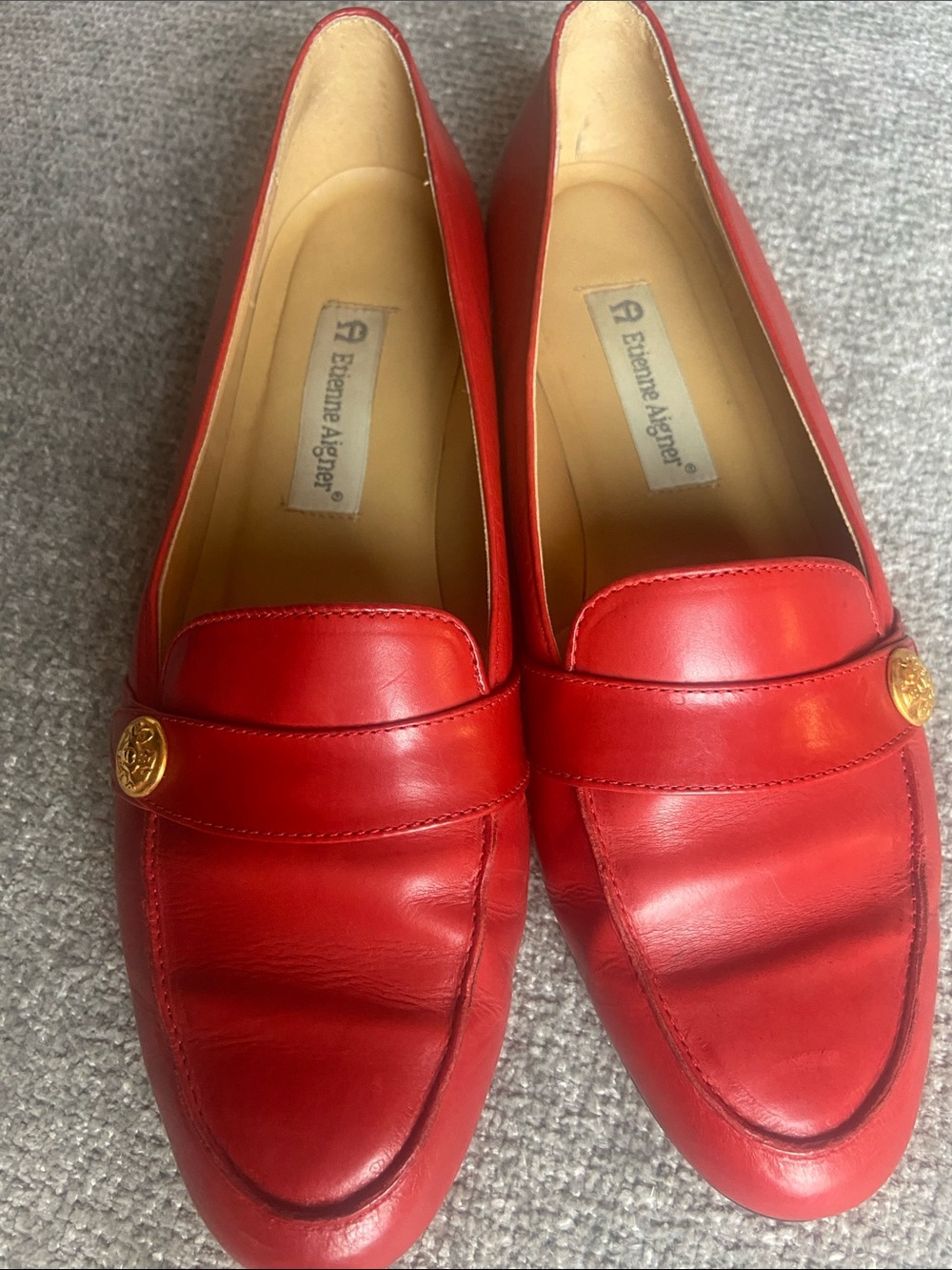Etienne Aigner Womens Red Leather Slip-On Loafers with Gold Emblem 9 - Picture 8 of 12